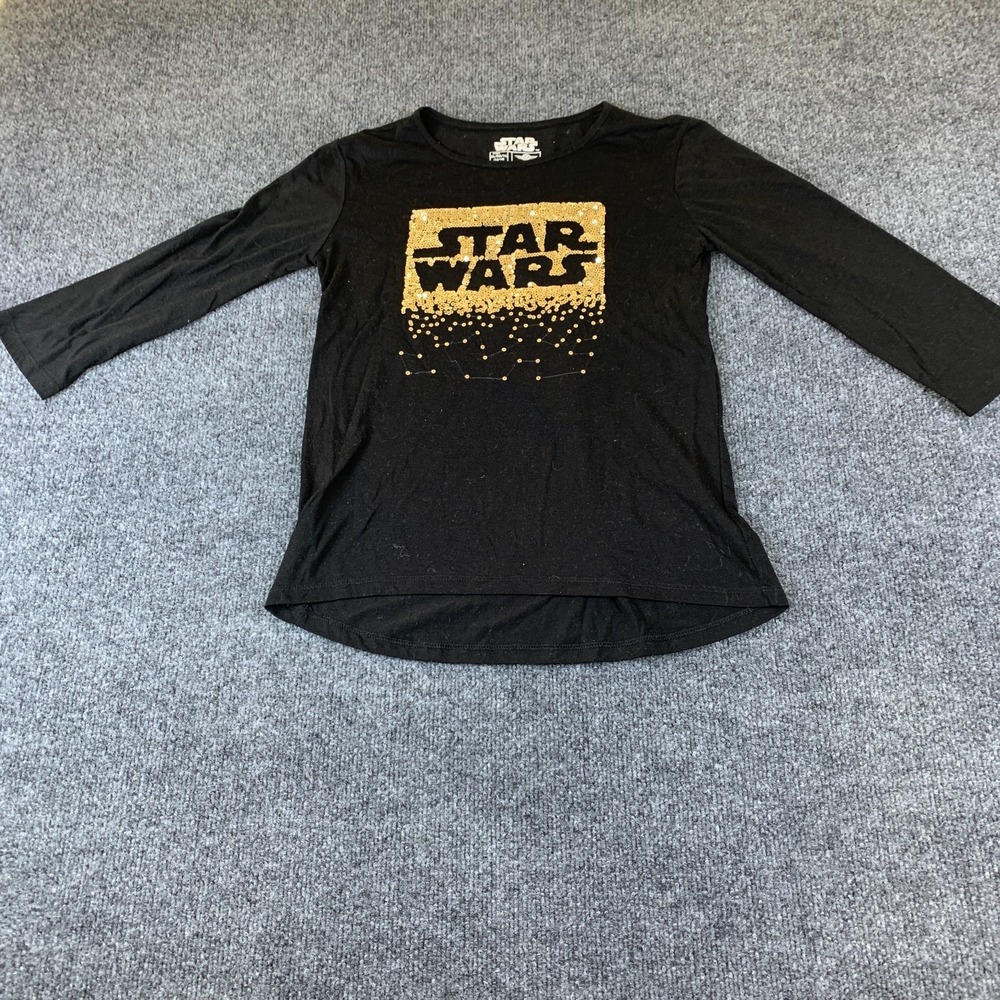 Star Wars T Shirt Girls XL 14/16 Black Good Gold Sequin High Low Long Sleeve